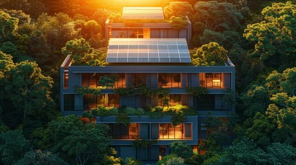 Modern eco-friendly building architecture immersed in a lush forest environment, featuring solar panels and green balconies at sunset.