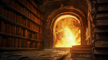 Glowing Portal Amongst Ancient Tomes in a Fantasy Library World.
