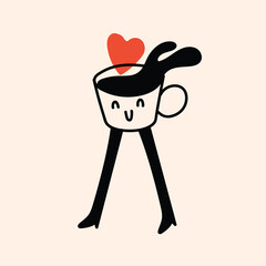 Retro doodle funny character coffee with heart poster. Vintage drink vector illustration. Latte, cappuccino, coffee cup mascot. Nostalgia 60, 70s, 80s. - 791873381