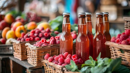 Raspberry beer at a local farmers market. Bottles and glasses of the vibrant red beer amidst baskets brimming with fresh harvest raspberries. AI Generated