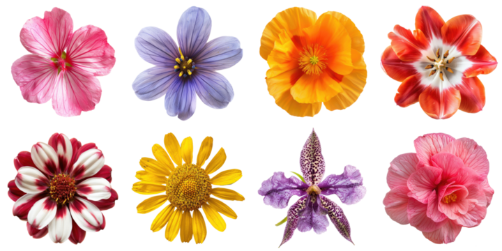 Collection of single fresh flower cutout clipping path png isolated on white or transparent background