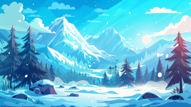 Sunny winter day landscape with mountains and forests covered with snow and ice. Cartoon modern natural snowy background with trees and rocky hills, blue sky with clouds. Cold north landscape.