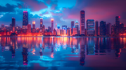 Fototapeta premium A city skyline during a fireworks festival, using HDR to capture the explosion of colors and the reflections on the buildings