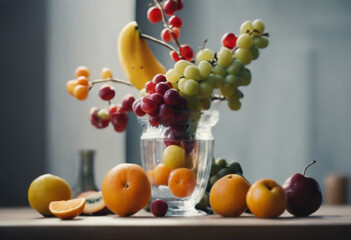 Illustration of a still life of fruits in a vase on the table