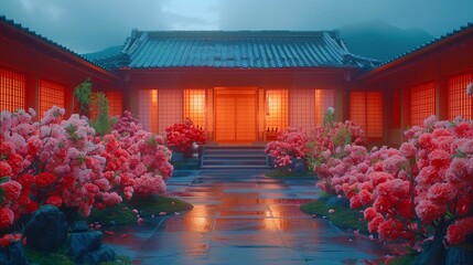 Traditional Japanese Architecture with Illuminated Red Sliding Doors and Azalea Bushes