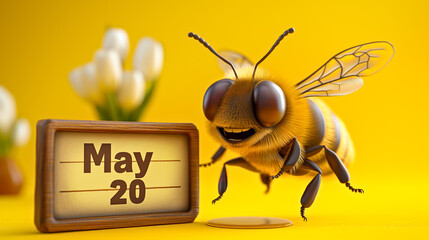 Cheerful Bee Flying Near Calendar and honey pot on yellow background. May 20, World bee day concept - 791873787