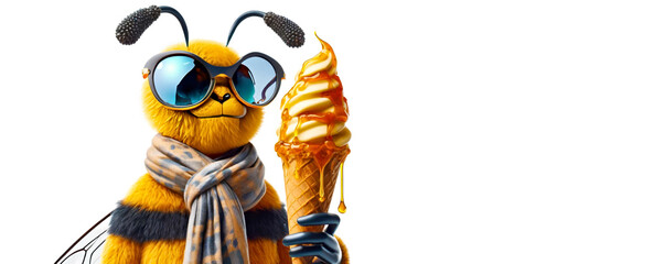 Fashion funny Bee in sunglasses hold honey ice cream. May 20, World bee day concept