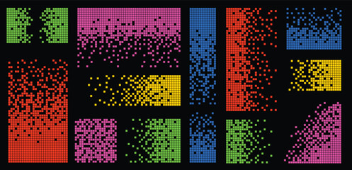 Pixel disintegration color backgrounds. Decay effect. Dispersed dotted pattern. Concept of disintegration, pixel mosaic textures with simple square particles. - 791873928