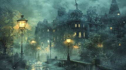 Victorian revolution in an enchanted city, diamond-studded streetlamps, foggy night, cobblestone...