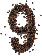 Number 9 made from roasted coffee beans on white isolated background.