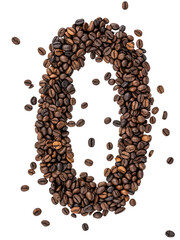 Number 0 made from roasted coffee beans on white isolated background.