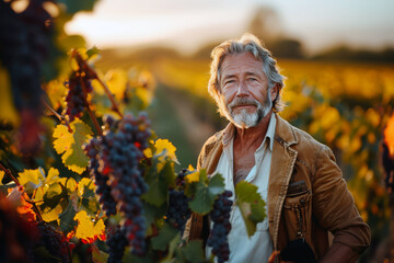 Portrait of a middle-aged male explores the picturesque vineyards of his estate, enjoying the...