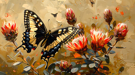 Dynamic Patterns: African Butterflies Dance Among Exotic Proteas - obrazy, fototapety, plakaty