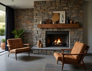 Sofa and chair by fireplace in wild stone cladding wall. Mid-century home interior design of modern living room.
