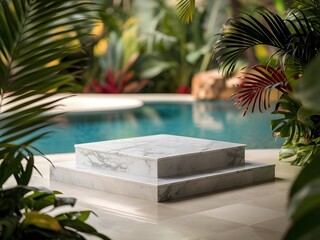 Marble Podium for product presentation with pool background. Mock-up for exhibitions or display of cosmetic and Spa products or packaging. 3d rendering.
