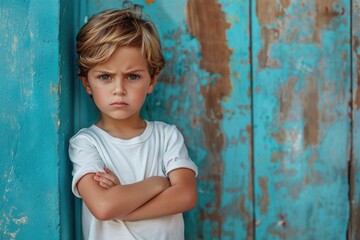 Fototapeta premium Angry, dissatisfied boy stands with his arms crossed
