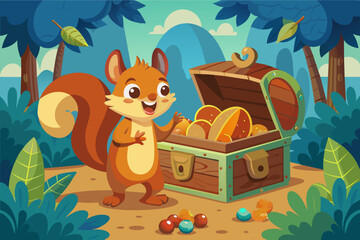 A squirrel finding a hidden treasure chest filled with acorns