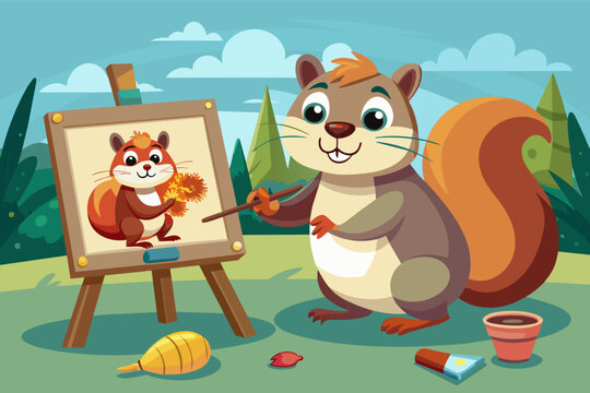A squirrel painting a portrait of its chipmunk friend