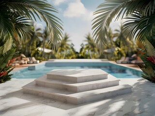Marble Podium for product presentation with pool background. Mock-up for exhibitions or display of cosmetic and Spa products or packaging. 3d rendering.