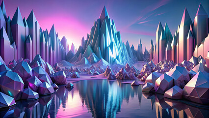 A fantastical landscape is depicted with sharp, crystalline structures towering over a serene body of water. Vibrant shades of pink and blue light up the sky, reflecting off the geometric shapes.AI ge