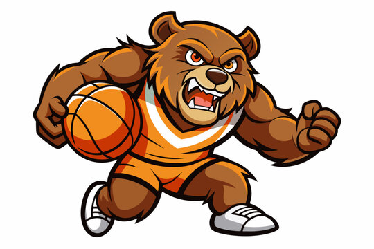 A strong bear mascot dribbling a basketball