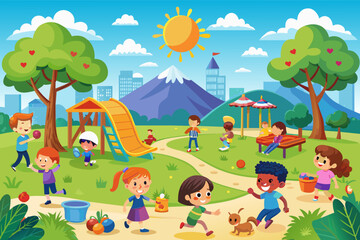 A sunny day at the park with children playing