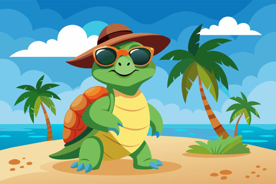 A turtle wearing sunglasses and a sunhat at the beach