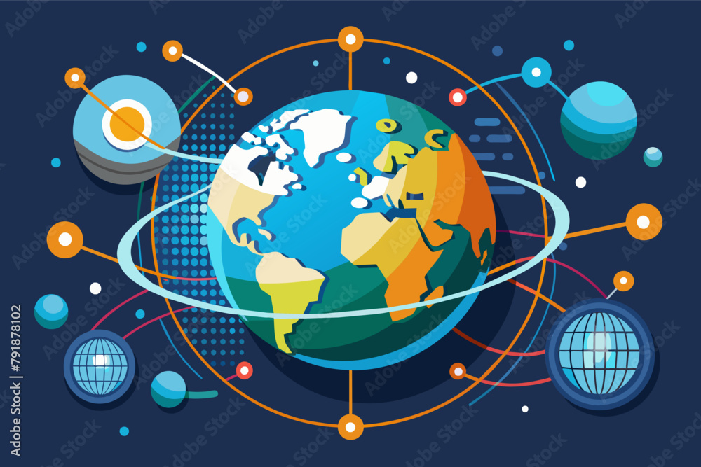 Poster binary code flowing around a globe symbolizing interconnectedness