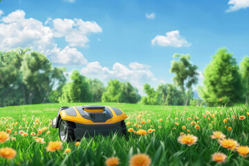 closeup of robotic lawn mower in a garden