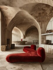 Elegant Interior with Arched Doorways and Red Velvet Sofa