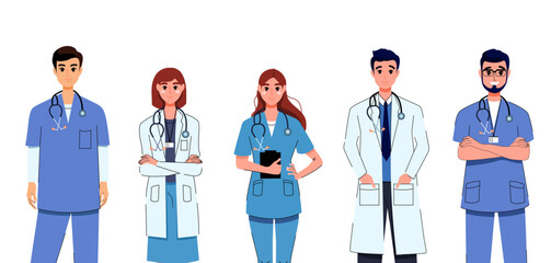 Medical team of men and women doctors and nurses of different Hospital and clinic workers. Mental health. Treatment. Doctor's Day. Science and teamwork. Background and isolated. Banner with people