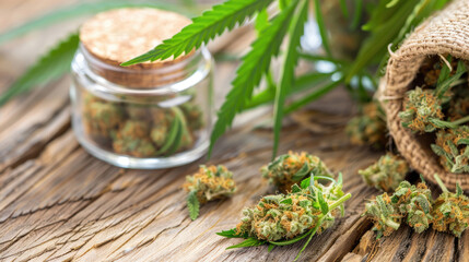 Dry cannabis in jars, sale of marijuana in a country with legalization