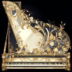 Grand piano with ornate floral design and polished black finish, evoking sophistication and luxury.