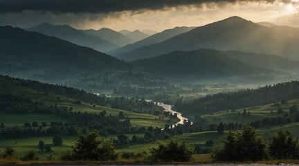 panorama of the mountains in autumn,morning in the mountains, view of the mountains, panorama of the mountains, Breathtaking panorama of morning rain wild nature high in mountains