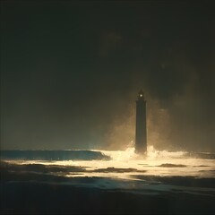 Majestic Beacon of Hope - A Glowing Lighthouse Amidst Stormy Seas - obrazy, fototapety, plakaty