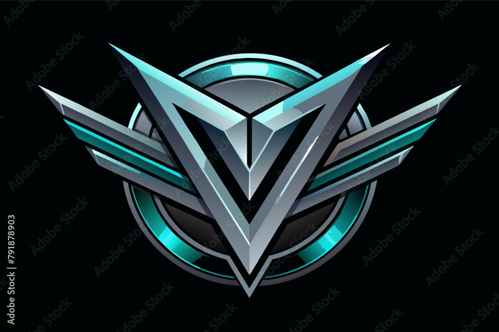 Poster letter v futuristic logo using silver metallic gradient tones and vector design