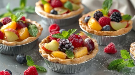Tasty tartlets with fresh berries on grey table, closeup