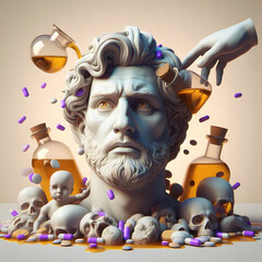 surreal man's face surrounded by pills - 791879104