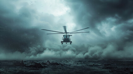 Fototapeta na wymiar Military helicopter over the front line on storm