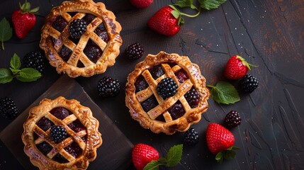 Blackberry and raspberry tartlets on dark wooden background, top view - obrazy, fototapety, plakaty