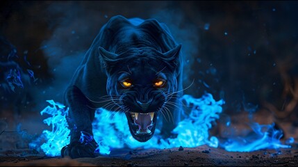 Fierce jaguar snarling aggressively, surrounded by mystical blue flames and orange embers. Big wild leopard in the forest at night. 
