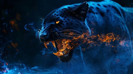 Close up portrait of a leopard with fire flames in the background