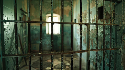 A prison cell behind iron bars. Gloomy room with shabby walls