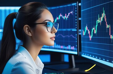A dark-haired girl in glasses looks at a monitor with graphs