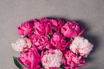 Beautiful bunch of fresh fluffy pink peony flowers in full bloom on dark grey background, top view,...