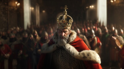 Stern king with piercing eyes wears a crimson and gold crown, cloaked in luxurious fur, overlooking his court, where blurred figures suggest a grand, bustling backdrop of royal life - obrazy, fototapety, plakaty