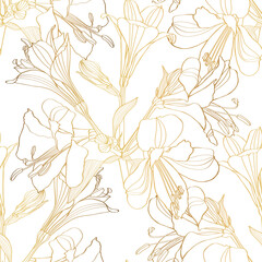 Seamless pattern with hand drawn golden line plants. Summer botanical background. Alstroemeria hand drawn flowers repeatable wallpaper.