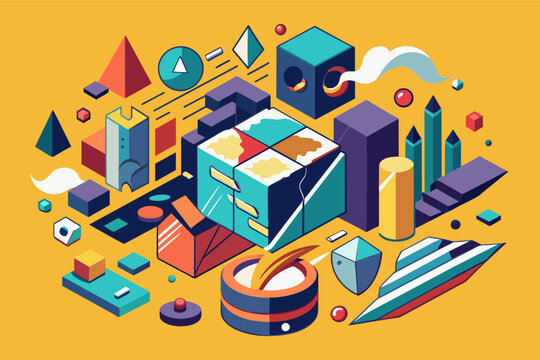 Colorful isometric illustration with various geometric shapes, including cubes, pyramids, and cylinders, on a yellow background. Some shapes have faces and patterns