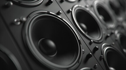 Audio sound speaker system. Black loudspeakers in a row - obrazy, fototapety, plakaty