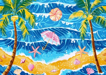 Fototapeta na wymiar A beach themed with palm trees, umbrellas and shells on the shore with blue waves.